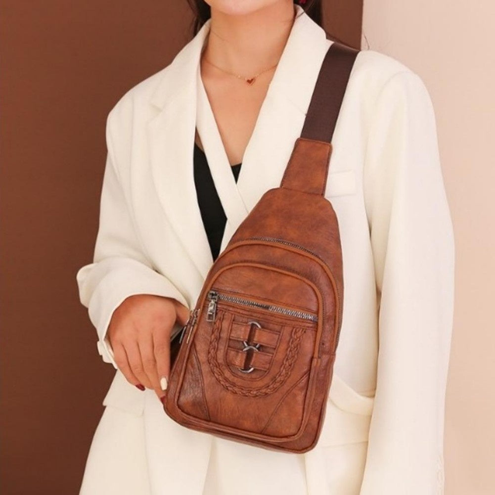 Women Multi-Pocket Vegan Vintage Leather Braided Crossbody Backpack